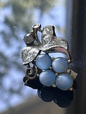 Vintage Blue Moonstone Glass Grape Brooch Silver Leaves 1950s